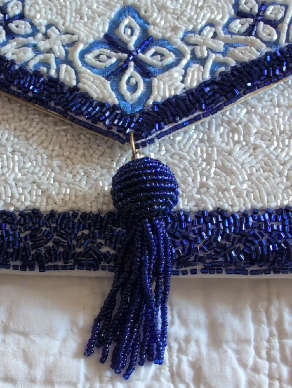 Beaded White and Blue Envelope Clutch Bag - Elegant Tassel Detail
